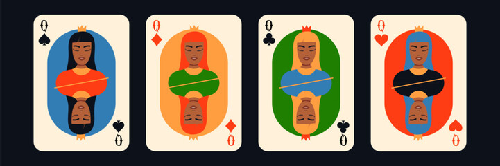 Queen of Cards Set with Diverse Black Faces. Modern Playing Card. Flat Vector Illustration.