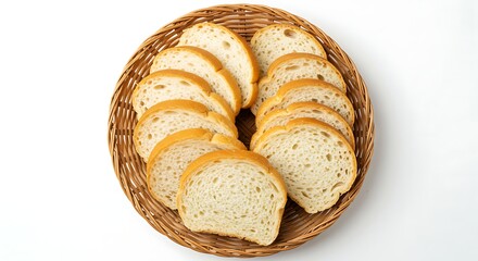 Sliced bread arranged in a circular pattern inside a woven basket