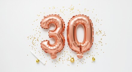 30th Birthday or Anniversary Celebration Flat Lay with Rose Gold Balloons