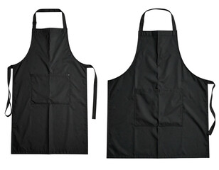 Two black aprons facing front, showing details of ties, pockets, and design