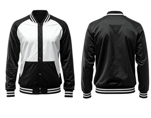 A front and back view of a black and white two-toned varsity jacket