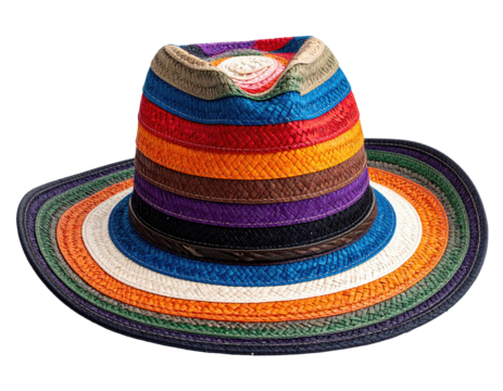 Woven brim hat with a multi-colored pattern. The brim and crown are distinct