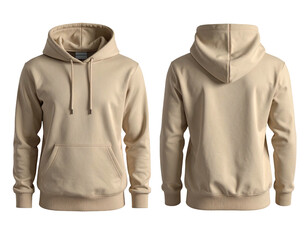 Tan hoodie in front and back views, plain design, minimalist style, studio shot