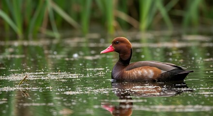 Brown duck swims in a pond with green foliage natural outdoor scene