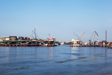 Construction of the Bolshoy Smolensky Bridge across the Neva River. St. Petersburg, Russia