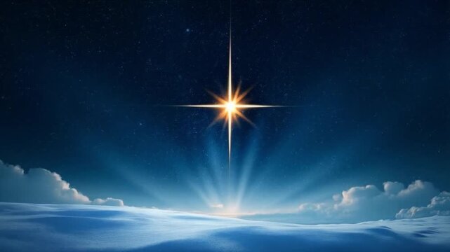 A bright star shining in the night sky over clouds with many stars in the background light and dark christmas stars video