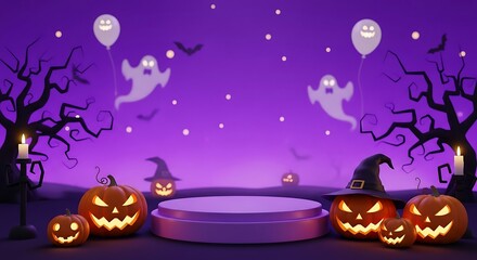 Spooky halloween scene with jackolanterns, ghosts, and bare trees