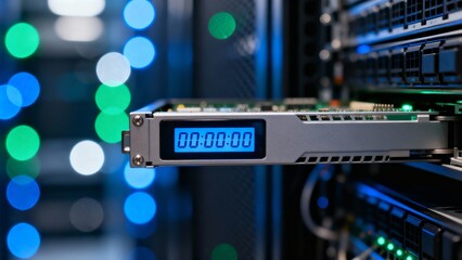 Server Rack Hardware Displaying Digital Timecode for Data Center Operations Monitoring