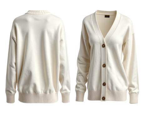 Front and back views of a cream-colored button-up cardigan sweater