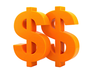 Two adjacent, 3D, orange dollar signs on a transparent black background