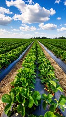 Rows of strawberry plants under a partly cloudy sky