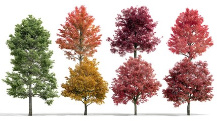 Six autumn trees isolated on white background – colorful fall foliage collection
