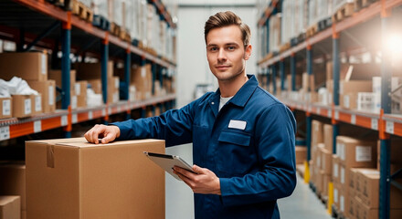 Worker man with tablet near box items working in warehouse. Inventory management and order fulfillment. Technology and efficient logistics operation on work in storage