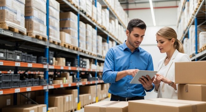 Two workers man and woman communication with tablet near box items working in warehouse. Inventory management and order fulfillment. Technology and efficient logistics operation on work in storage - Powered by Adobe