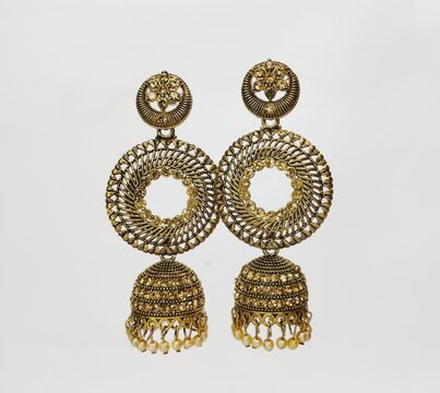Gold Jhumka Earrings with Amber Accents