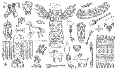 Collection of doodle elements, Native American items, jewelry, feathers, weapons, musical instruments, culture, esoteric elements, animals, and plants. Black doodle on white. American Indians