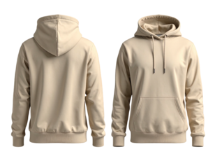 Beige hoodie isolated on black with front & back views, ready for design