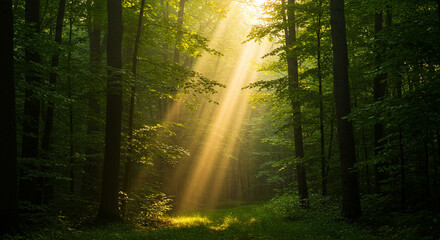 Obraz premium Morning Sunbeams in a Green Forest Path