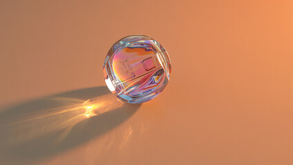 Glass Orb with Iridescent Reflections on a Warm Background