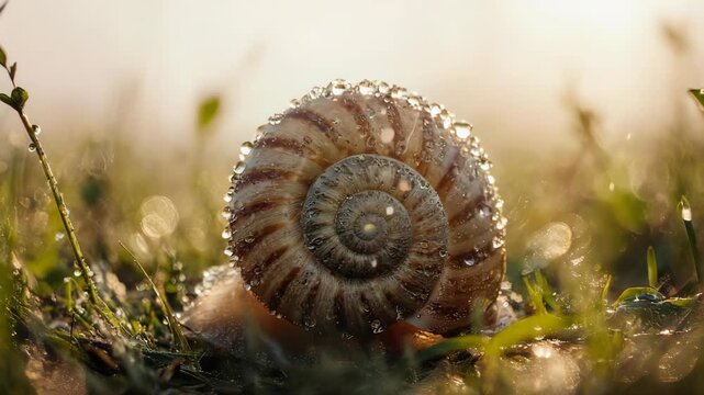 A snail shell covered in droplets rests in the damp grass, with bokeh