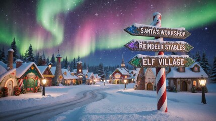 Magical Christmas village with Santa's workshop signpost under northern lights.