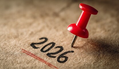 close-up of a red push pin nail with the text "2026" on paper, a new year concept background