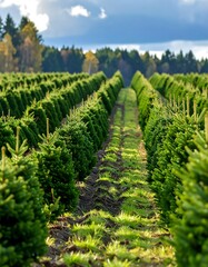 Rows of young Christmas trees in a farm field