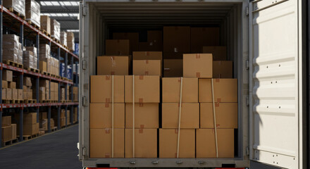 Loading Stacked Cardboard Boxes into a Shipping Container in a Warehouse