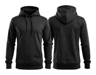 Front and back view of a plain, black, hooded sweatshirt on a black background