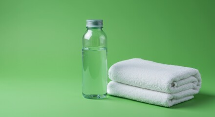 Minimalist Wellness Setup with Water Bottle and Folded Towels on Green Background