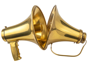 Two polished, gold-colored megaphones face each other on a transparent background