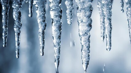 Close-up view of glistening icicles, with water droplets falling down - Powered by Adobe