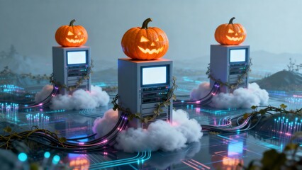 Spooky Tech Servers with Jack O Lanterns Cloud Computing Halloween Data Center Atmosphere