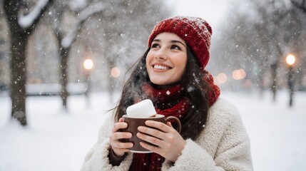 Happy young woman enjoying hot chocolate in a snowy winter park.