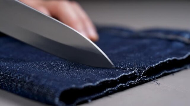 Cutting Dark Denim Fabric With a White Knife at Close Range in the Morning
