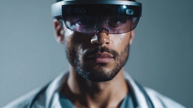 Close up portrait of a doctor wearing augmented reality glasses showcasing futuristic medical technology and advanced diagnostics