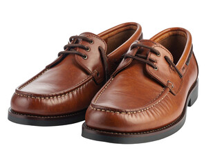 Pair of brown leather boat shoes, detailed stitching, leather laces on a black background