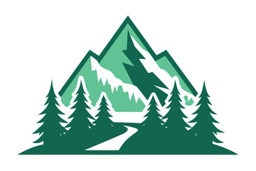 Fototapeta premium Mountain Vista with Pine Trees and Trail Illustration in Shades of Green