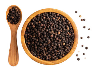 A wooden bowl overflowing with black peppercorns next to a spoon and scattered peppercorns