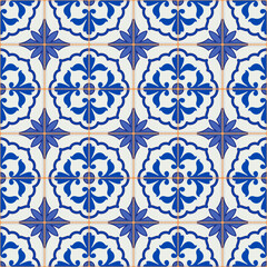 Gorgeous seamless pattern from dark blue and white Moroccan, Portuguese tiles, Azulejo, ornaments. Can be used for wallpaper, pattern fills, web page background,surface textures.