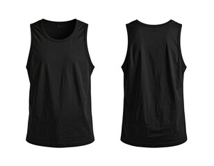 Front and back view of a black sleeveless tank top, mock-up on a black backdrop