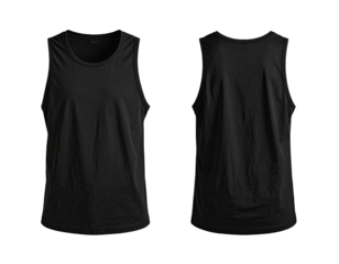 Front and back view of a black sleeveless tank top, mock-up on a black backdrop
