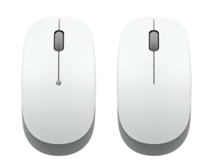 Two white, elliptical computer input devices with scroll wheels and minimal design