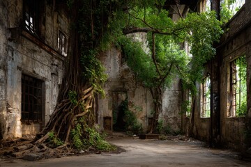 Fototapeta premium Abandoned industrial building consumed by nature's relentless advance