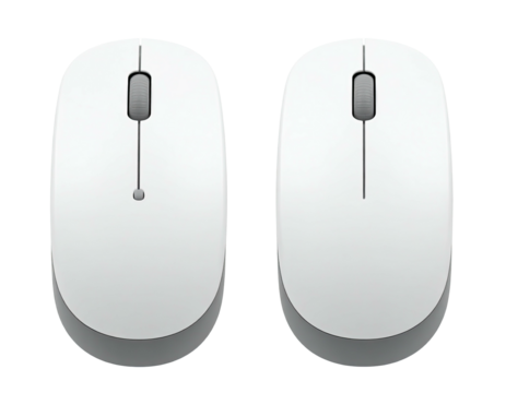 Two white, elliptical computer input devices with scroll wheels and minimal design