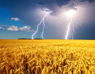 Golden wheat field with a dramatic thunderstorm