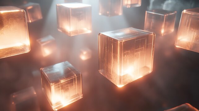 Abstract composition featuring translucent glowing cubes floating in the darkness