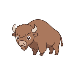 Cute rounded cartoon bison with horns and fluffy brown coat, simple flat vector style, isolated, great for kids education, mascot, or playful designs