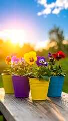 Colorful pansies in vibrant pots at sunset
