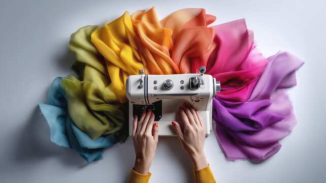 Top-down composition featuring a student's hands manipulating fabric around a sewing machine on a white background. 